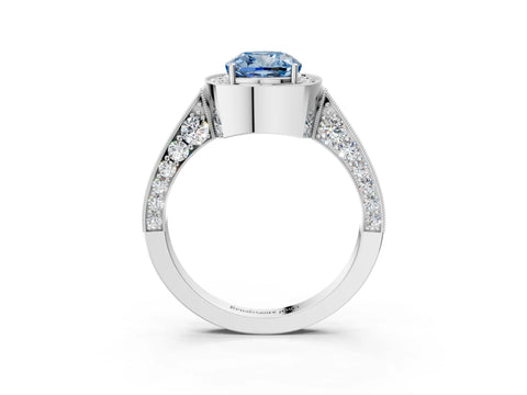 White gold Fancy Blue Cushion Cut Halo Diamond Engagement Ring with Split Shank Band and Four-Prong Setting_15