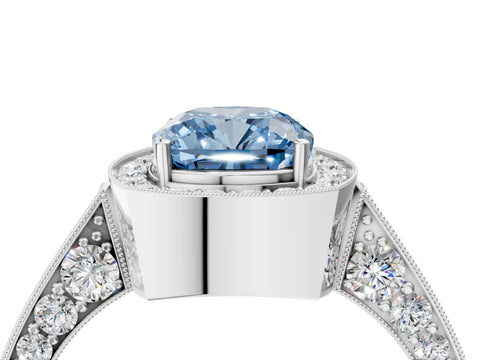 White gold Fancy Blue Cushion Cut Halo Diamond Engagement Ring with Split Shank Band and Four-Prong Setting_16