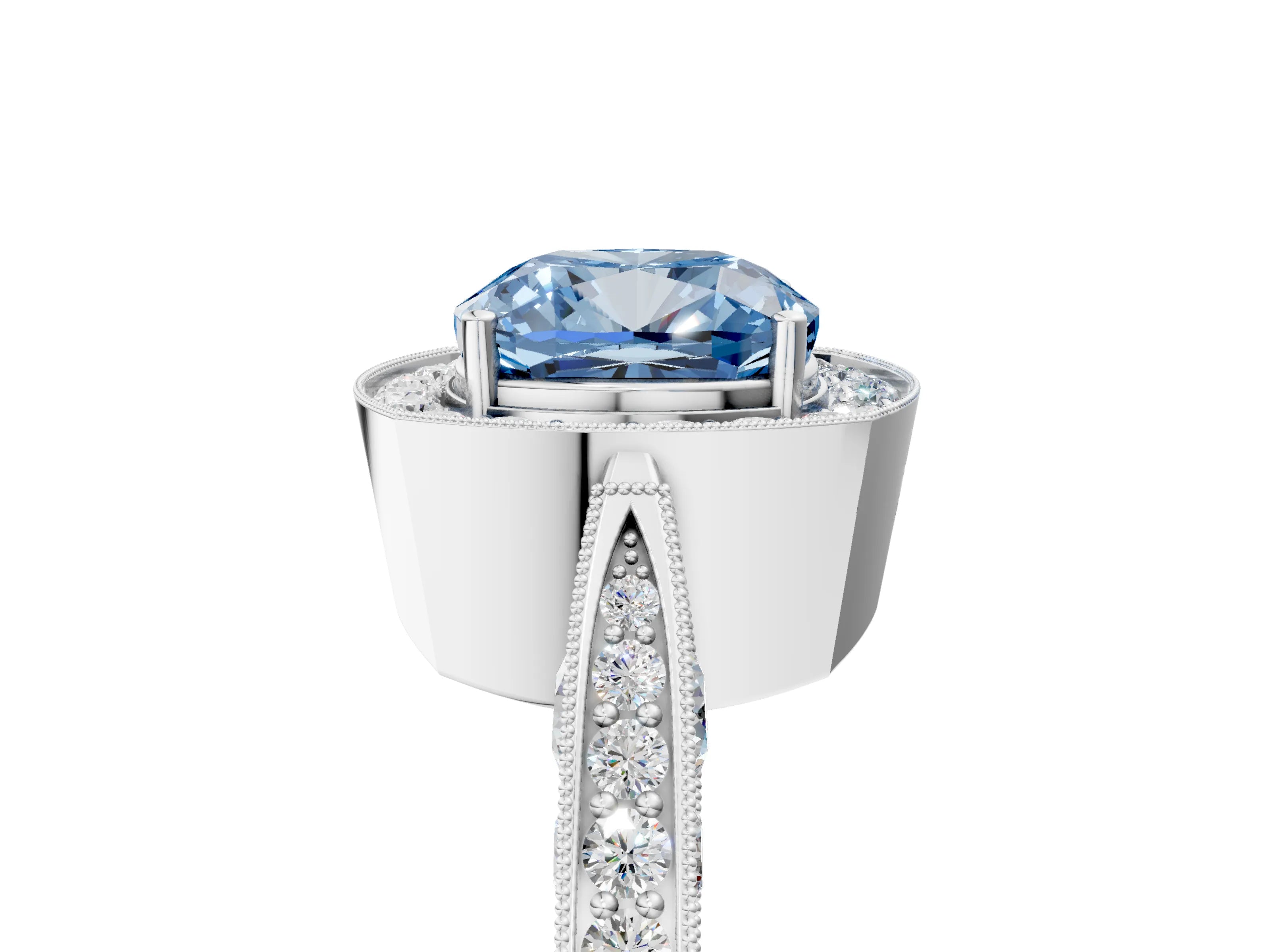 White gold Fancy Blue Cushion Cut Halo Diamond Engagement Ring with Split Shank Band and Four-Prong Setting_17