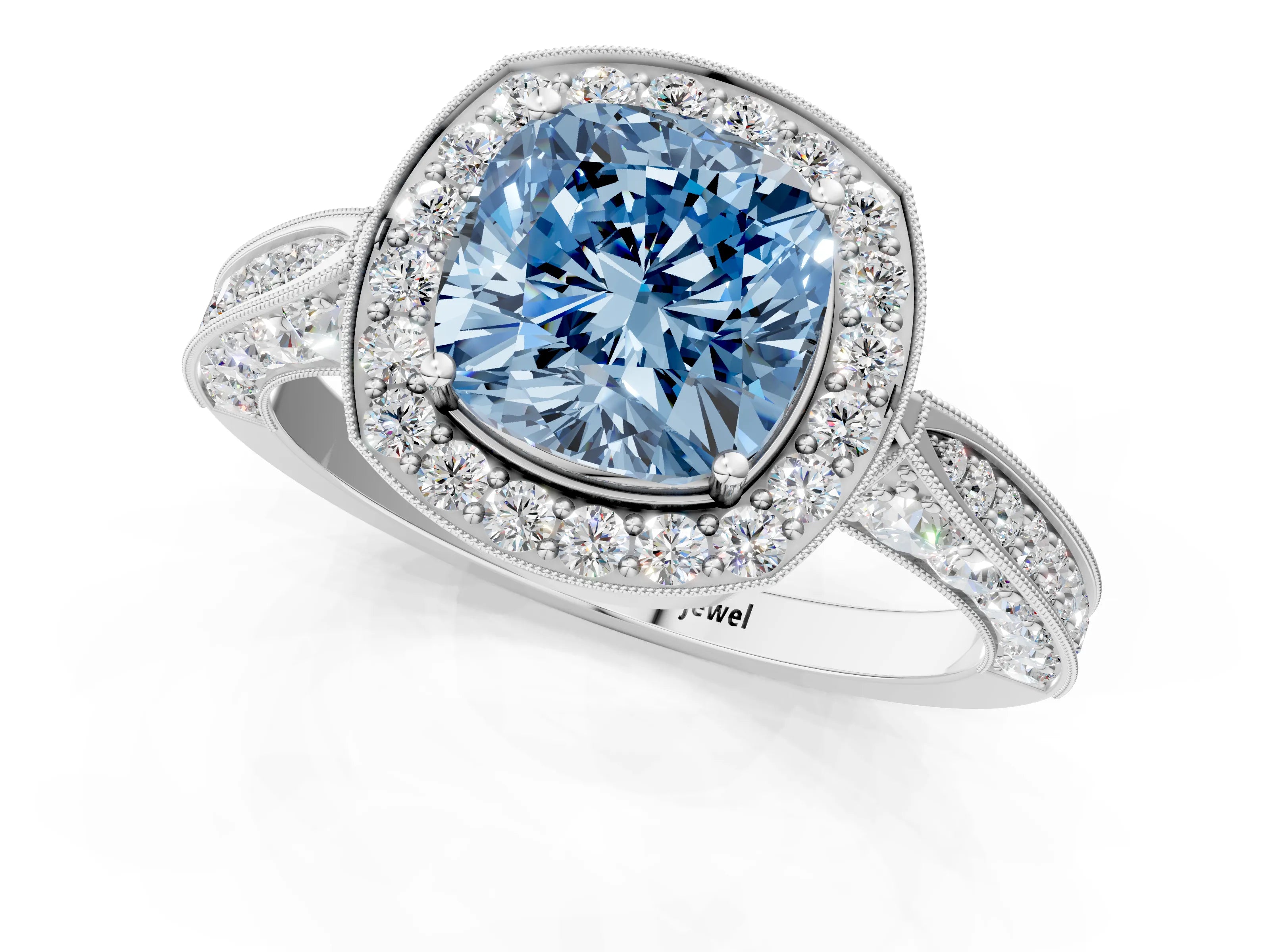 White gold Fancy Blue Cushion Cut Halo Diamond Engagement Ring with Split Shank Band and Four-Prong Setting_1