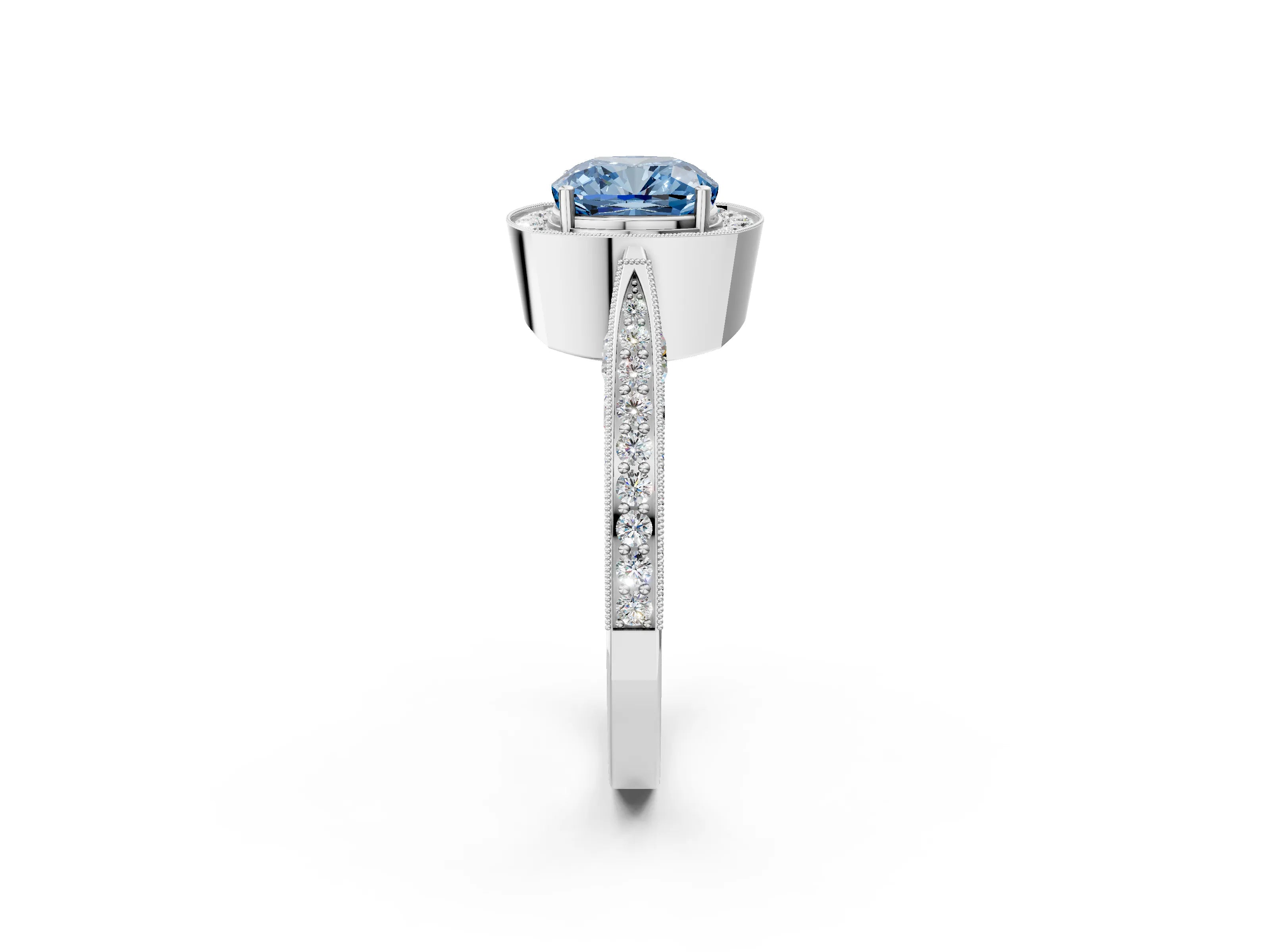 White gold Fancy Blue Cushion Cut Halo Diamond Engagement Ring with Split Shank Band and Four-Prong Setting_2