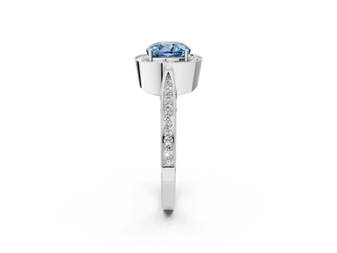 White gold Fancy Blue Cushion Cut Halo Diamond Engagement Ring with Split Shank Band and Four-Prong Setting_2
