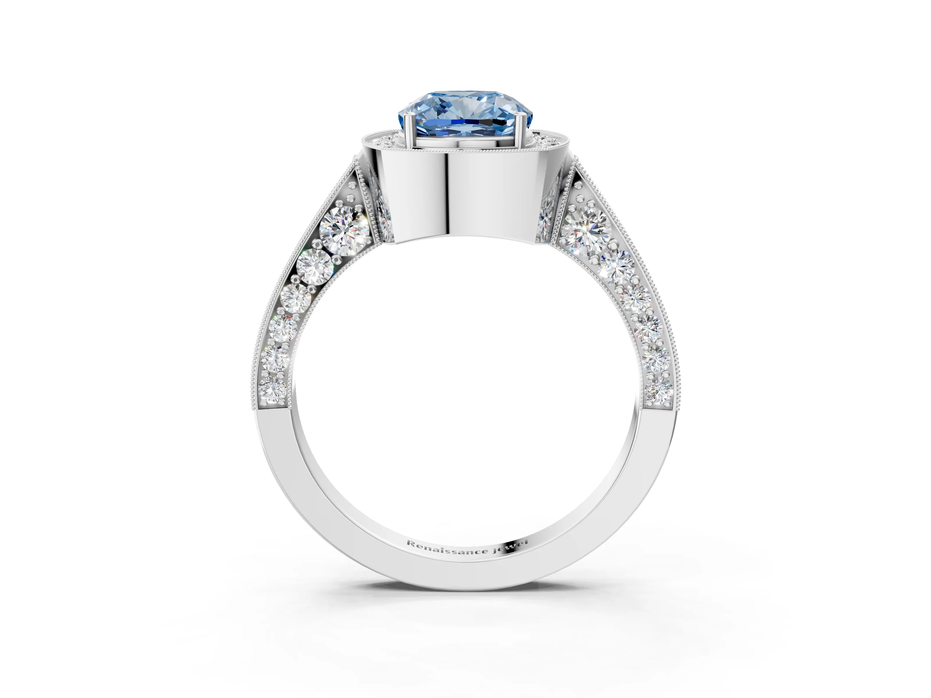 White gold Fancy Blue Cushion Cut Halo Diamond Engagement Ring with Split Shank Band and Four-Prong Setting_3