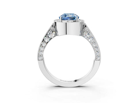 White gold Fancy Blue Cushion Cut Halo Diamond Engagement Ring with Split Shank Band and Four-Prong Setting_3