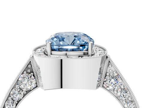White gold Fancy Blue Cushion Cut Halo Diamond Engagement Ring with Split Shank Band and Four-Prong Setting_4