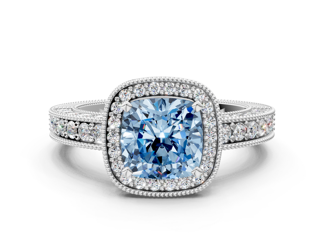 White gold Fancy Blue Cushion  Cut Halo Diamond Pave Band Ring with Four-Prong Setting_45