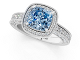 White gold Fancy Blue Cushion  Cut Halo Diamond Pave Band Ring with Four-Prong Setting_46