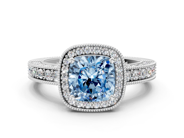White gold Fancy Blue Cushion  Cut Halo Diamond Pave Band Ring with Four-Prong Setting
