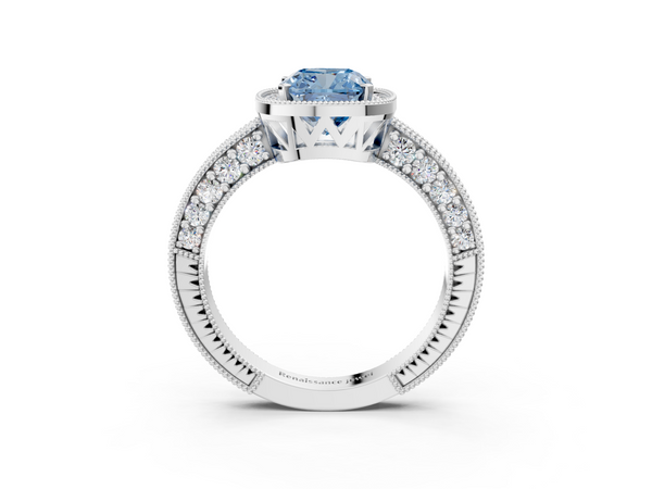White gold Fancy Blue Cushion  Cut Halo Diamond Pave Band Ring with Four-Prong Setting