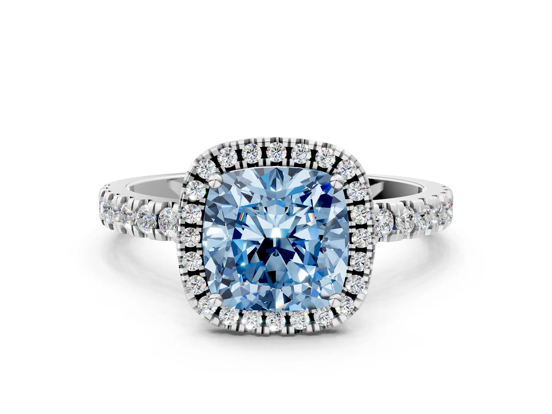White gold Fancy Blue Cushion Cut Halo Diamond Pave Band with Prong Setting