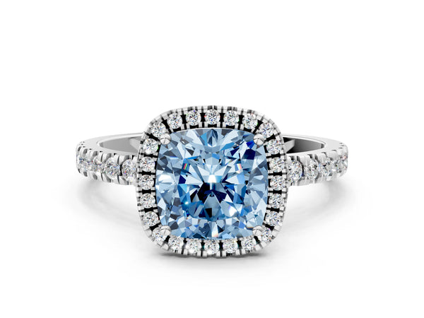 Platinum Fancy Blue Cushion Cut Halo Diamond Pave Band with Prong Setting