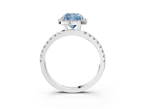 Platinum Fancy Blue Cushion Cut Halo Diamond Pave Band with Prong Setting