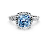 White gold Fancy Blue Cushion Cut Halo Diamond Pave Band with Prong Setting