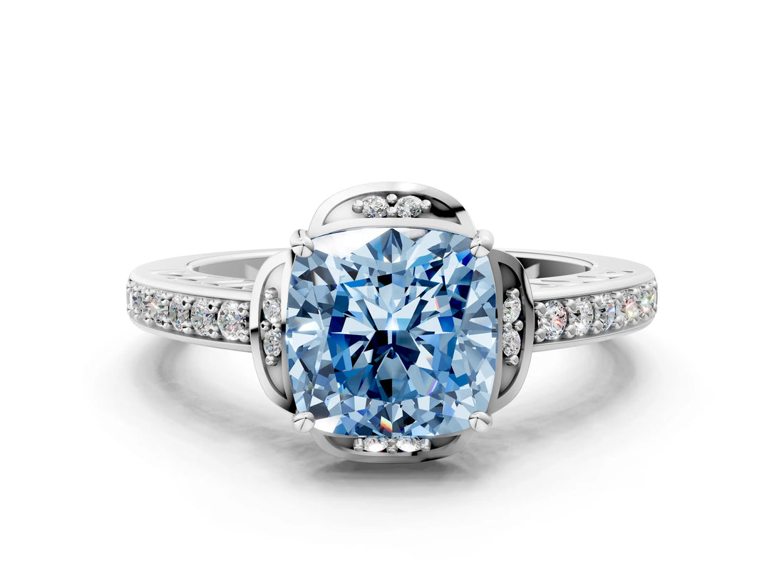 White gold Fancy Blue Cushion  Cut Halo Diamond Ring with Channel Set Band and Four-Prong Setting_31
