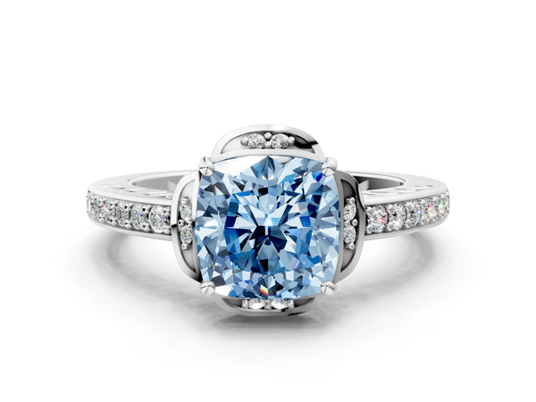 Platinum Fancy Blue Cushion  Cut Halo Diamond Ring with Channel Set Band and Four-Prong Setting
