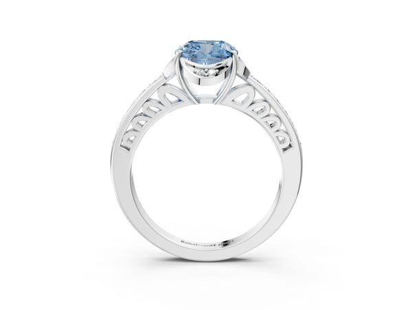 Platinum Fancy Blue Cushion  Cut Halo Diamond Ring with Channel Set Band and Four-Prong Setting