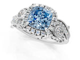 White gold Fancy Blue Cushion Cut Halo Diamond Ring with Milgrain and Bezel Accents on a Split Shank Band_1