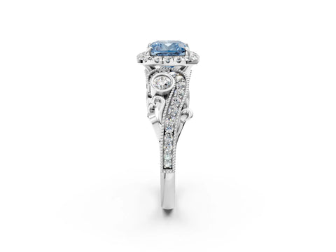 White gold Fancy Blue Cushion Cut Halo Diamond Ring with Milgrain and Bezel Accents on a Split Shank Band_2