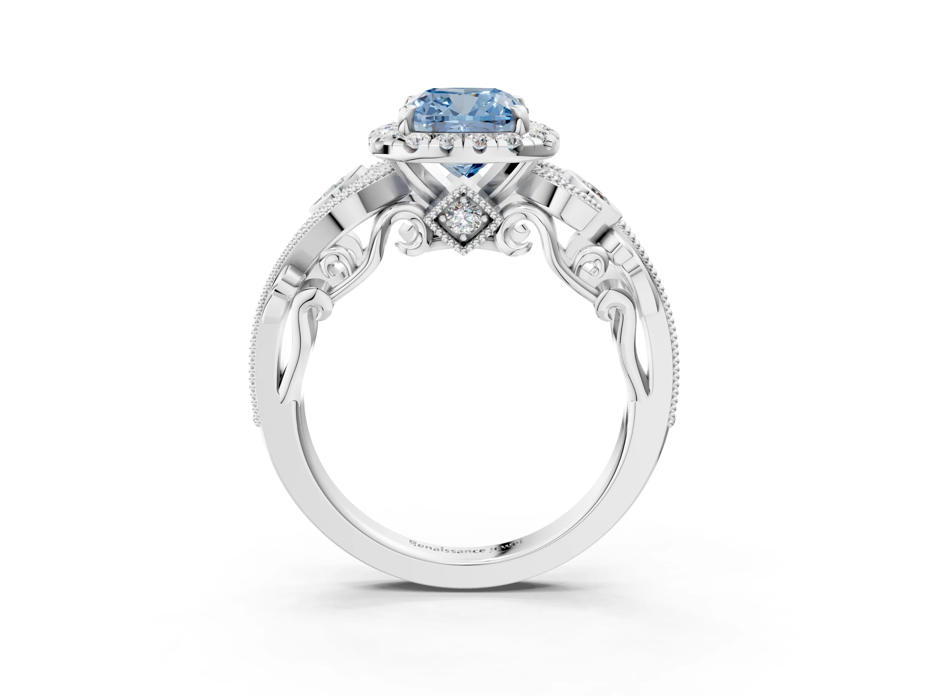 White gold Fancy Blue Cushion Cut Halo Diamond Ring with Milgrain and Bezel Accents on a Split Shank Band_3