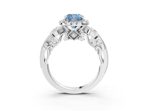 White gold Fancy Blue Cushion Cut Halo Diamond Ring with Milgrain and Bezel Accents on a Split Shank Band_3