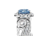 White gold Fancy Blue Cushion Cut Halo Diamond Ring with Milgrain and Bezel Accents on a Split Shank Band_5