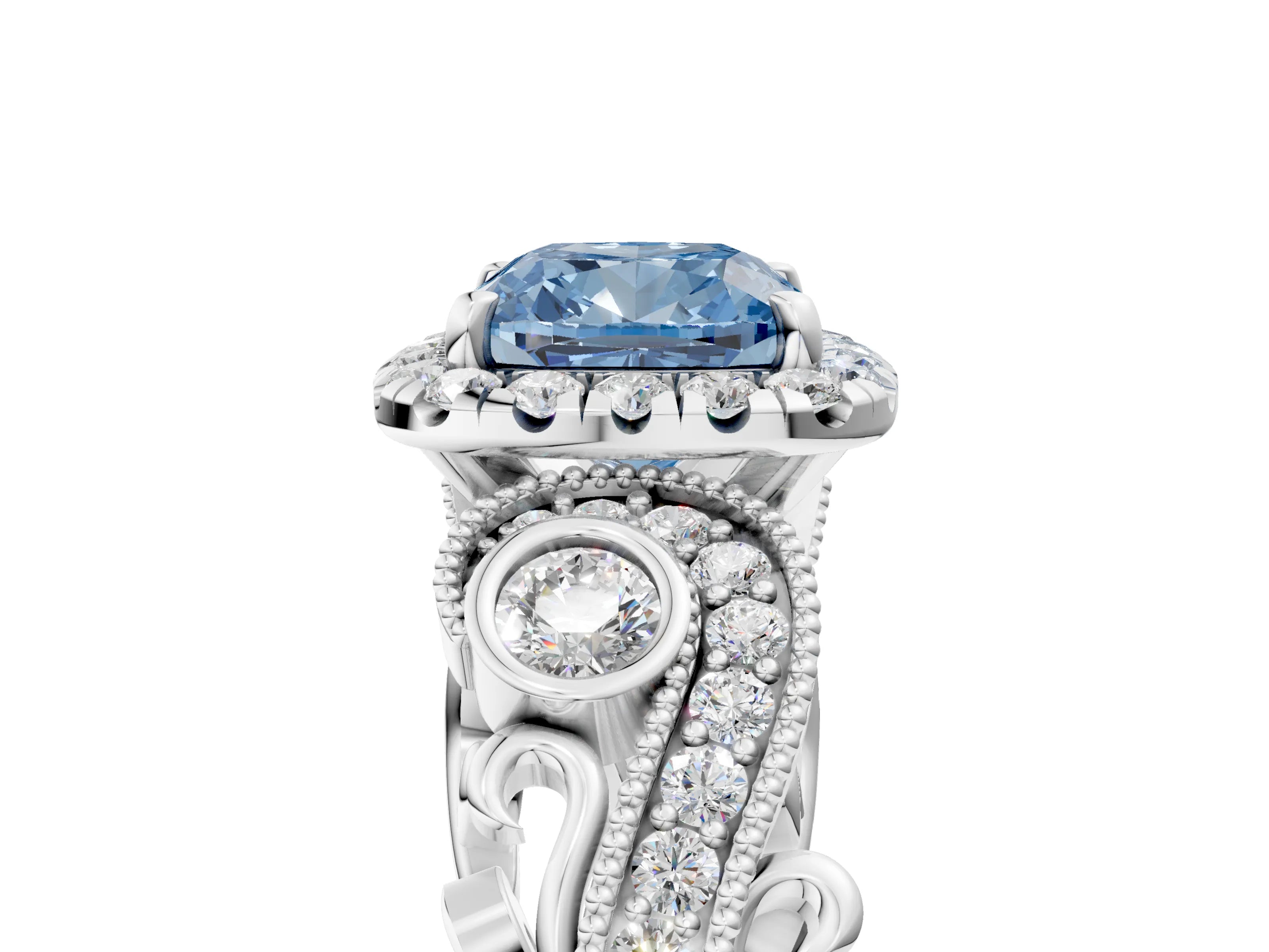 White gold Fancy Blue Cushion Cut Halo Diamond Ring with Milgrain and Bezel Accents on a Split Shank Band_5