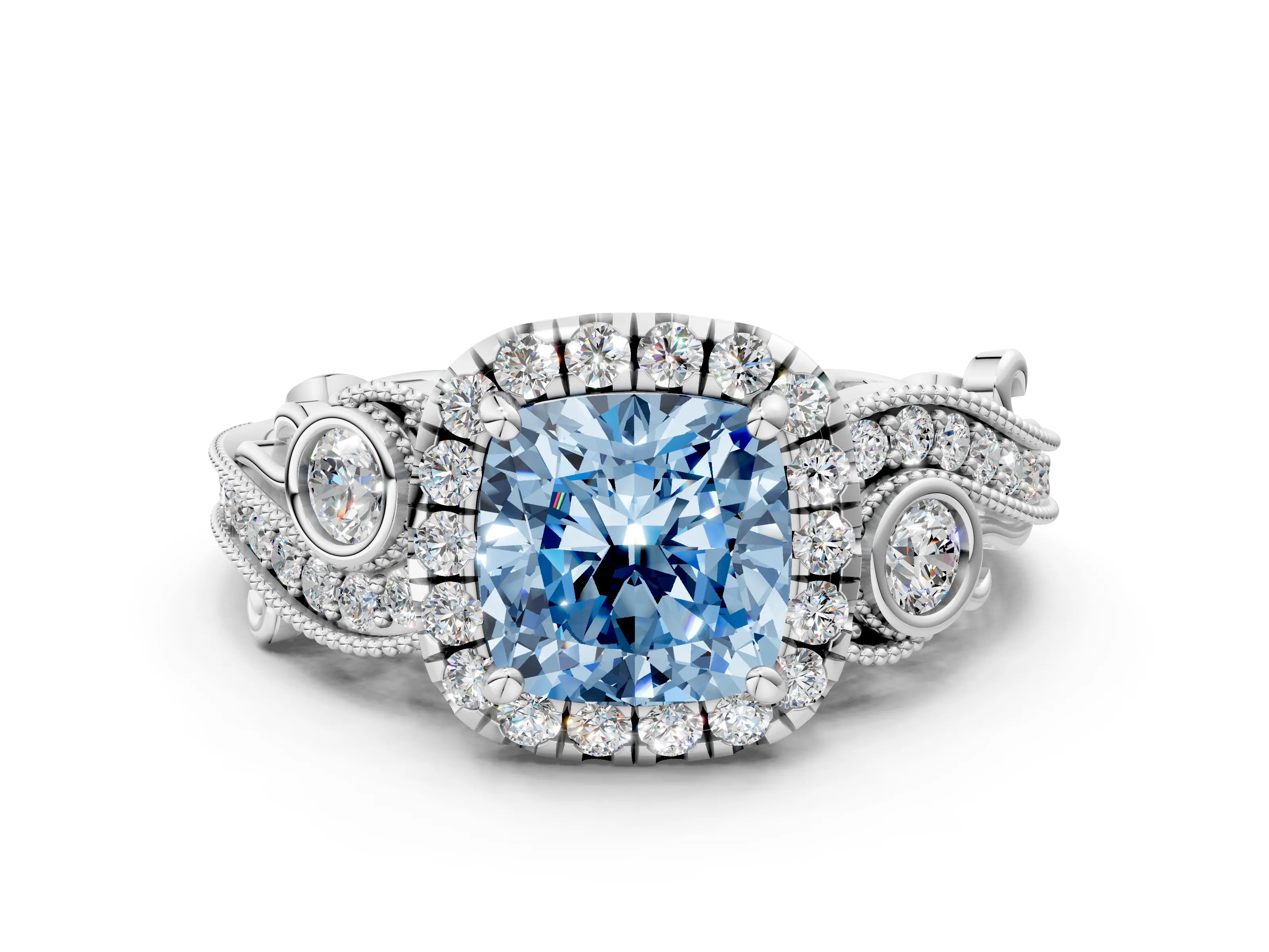 White gold Fancy Blue Cushion Cut Halo Diamond Ring with Milgrain and Bezel Accents on a Split Shank Band