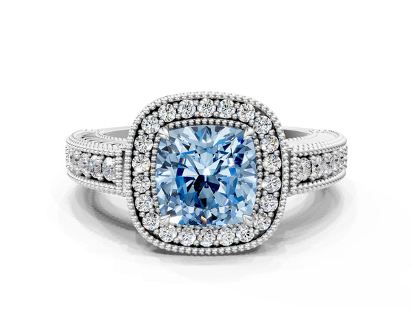 Platinum Fancy Blue Cushion  Cut Halo Diamond Ring with Pavé Band and Four-Prong Setting