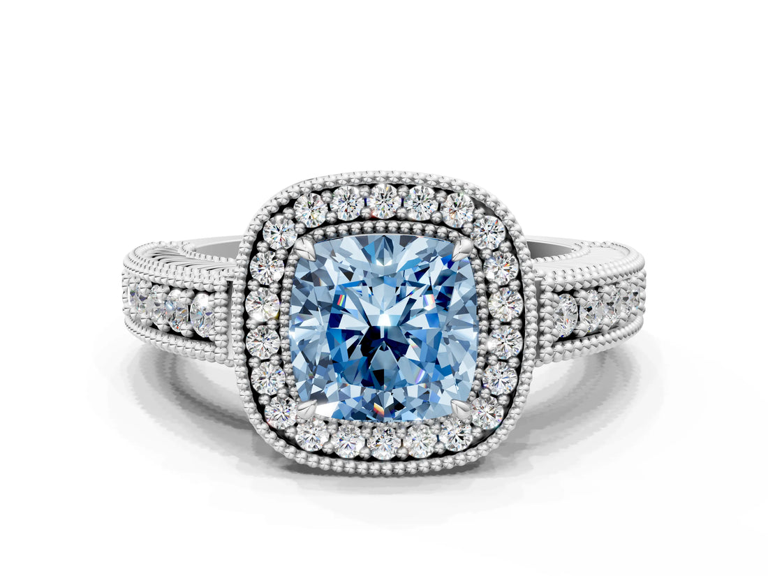 White gold Fancy Blue Cushion  Cut Halo Diamond Ring with Pavé Band and Four-Prong Setting_69