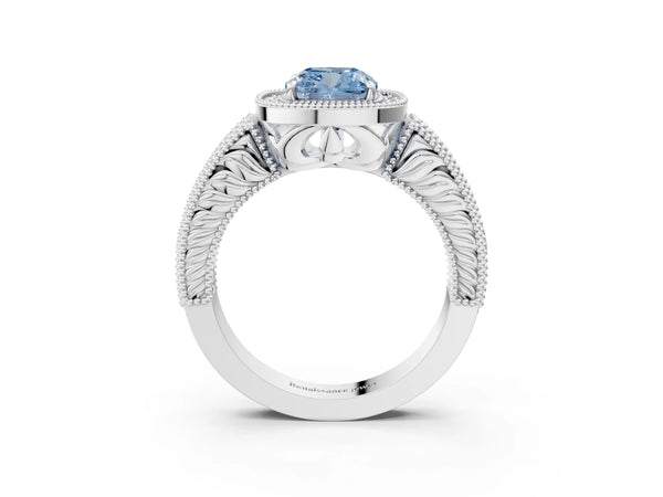 Platinum Fancy Blue Cushion  Cut Halo Diamond Ring with Pavé Band and Four-Prong Setting