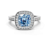White gold Fancy Blue Cushion  Cut Halo Diamond Ring with Pavé Band and Milgrain Prong Setting_35