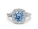 White gold Fancy Blue Cushion Cut Halo Diamond Ring with Pavé Band and Three-Prong Setting_12