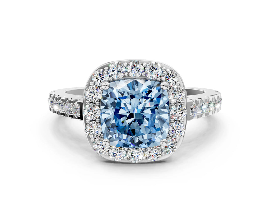 White gold Fancy Blue Cushion Cut Halo Diamond Ring with Pavé Band and Three-Prong Setting_12
