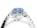 White gold Fancy Blue Cushion Cut Halo Diamond Ring with Pavé Band and Three-Prong Setting_16
