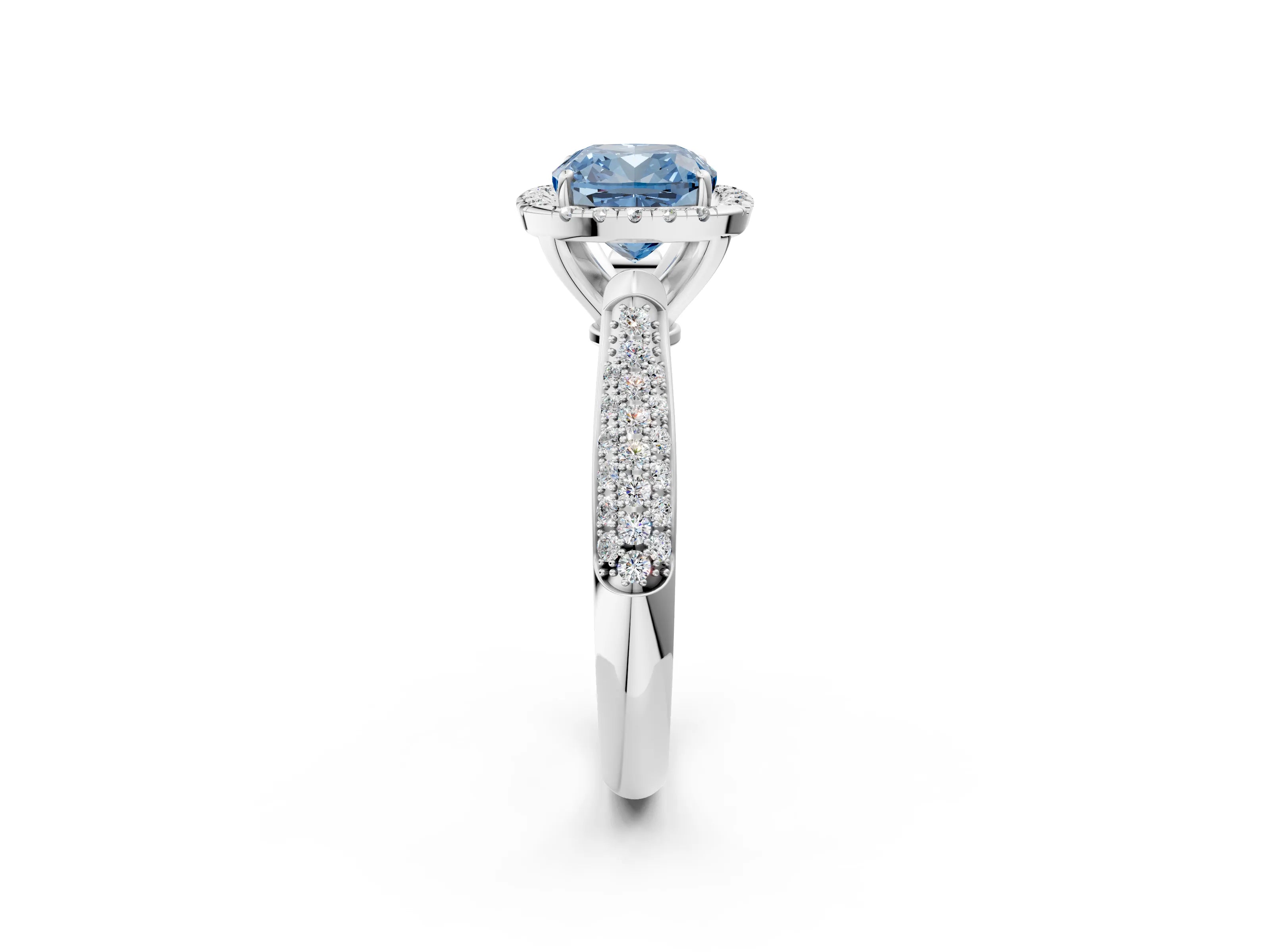 White gold Fancy Blue Cushion Cut Halo Diamond Ring with Pavé Band_14