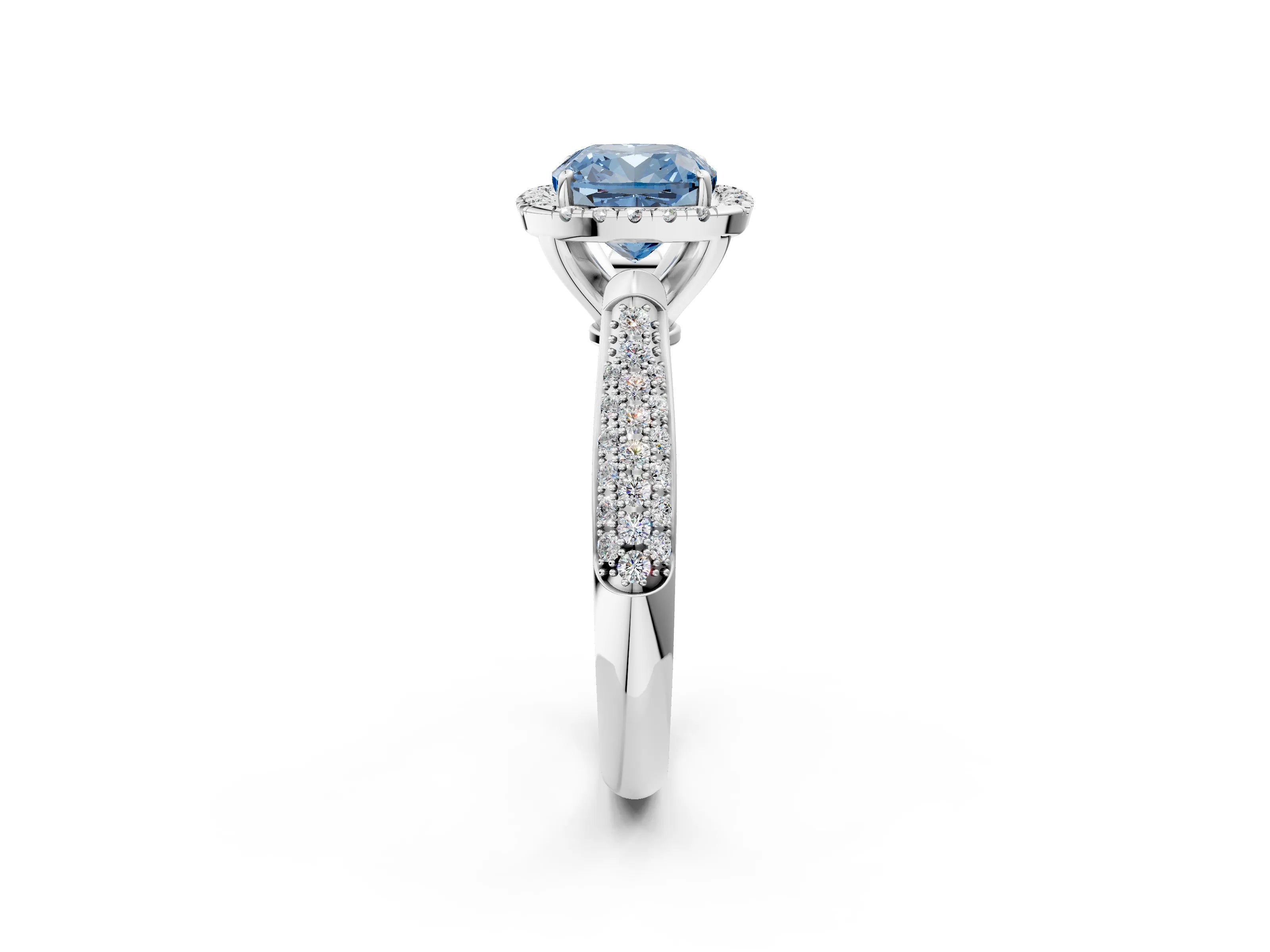 White gold Fancy Blue Cushion Cut Halo Diamond Ring with Pavé Band_2