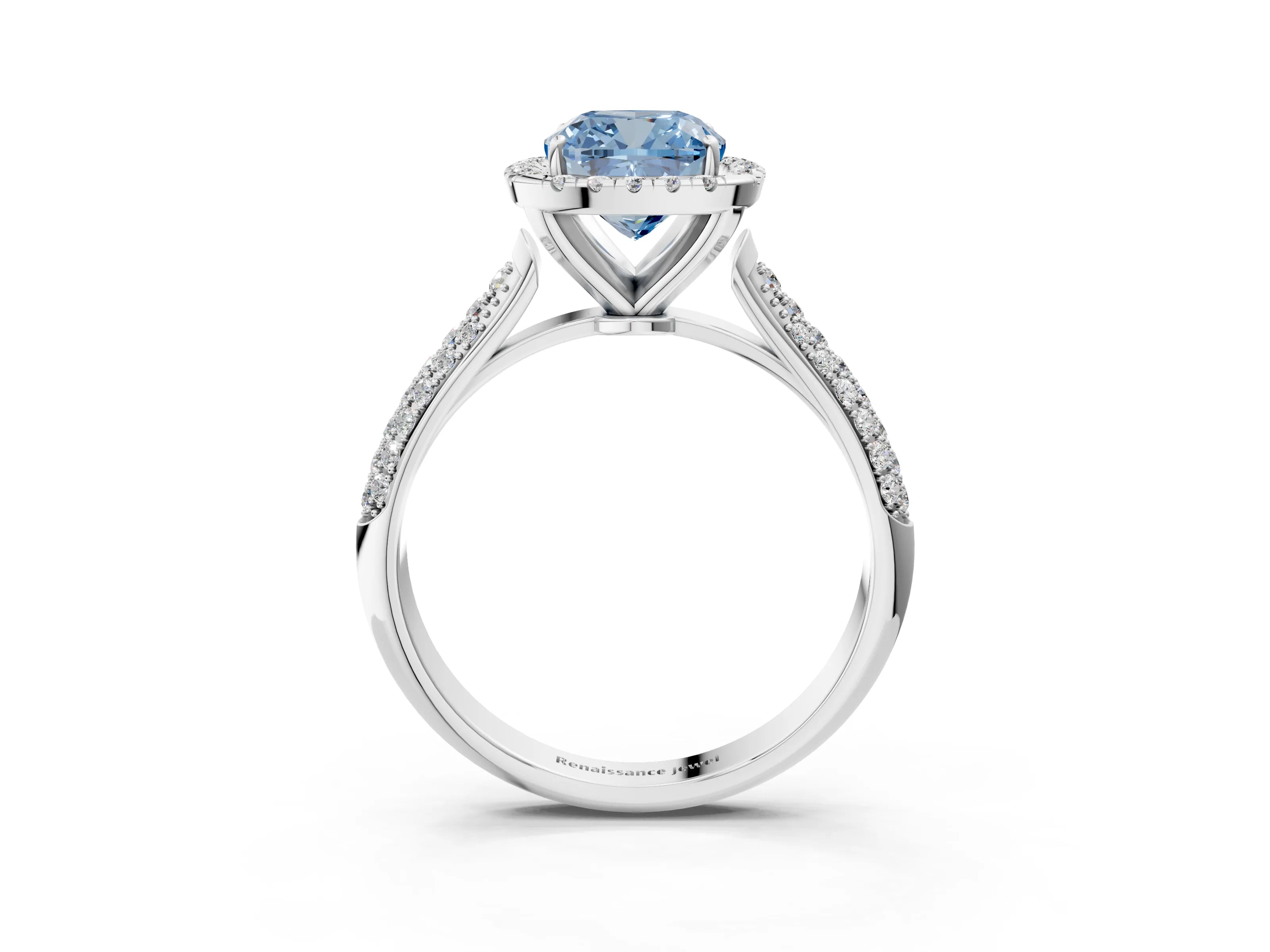 White gold Fancy Blue Cushion Cut Halo Diamond Ring with Pavé Band_3