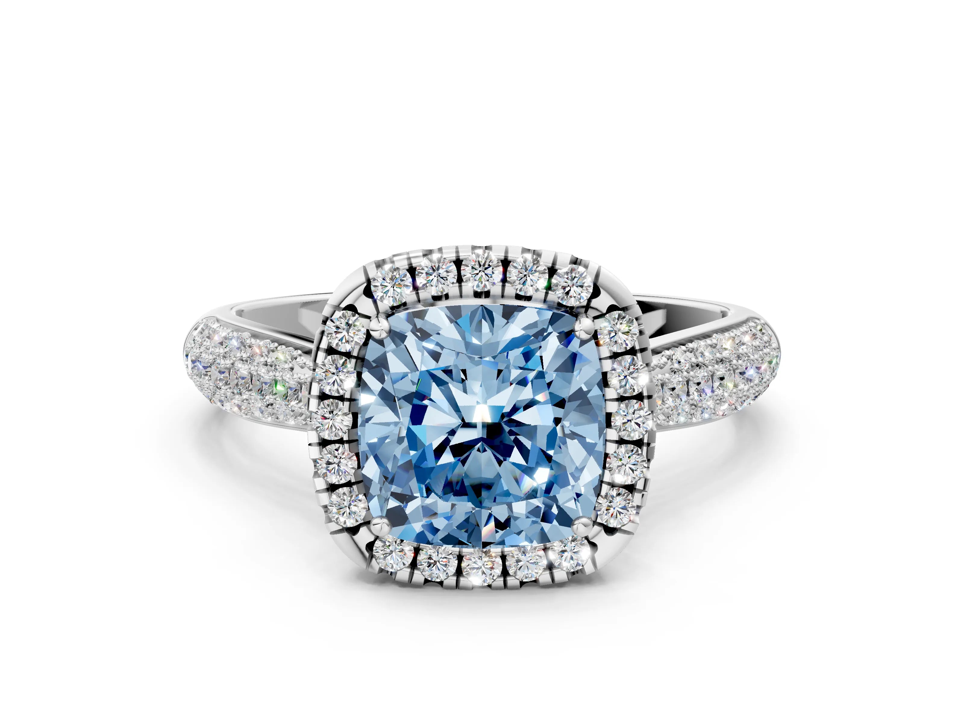 White gold Fancy Blue Cushion Cut Halo Diamond Ring with Pavé Band_36