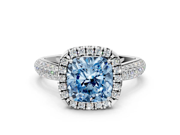 White gold Fancy Blue Cushion Cut Halo Diamond Ring with Pavé Band