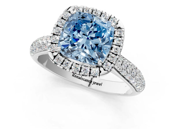 White gold Fancy Blue Cushion Cut Halo Diamond Ring with Pavé Band