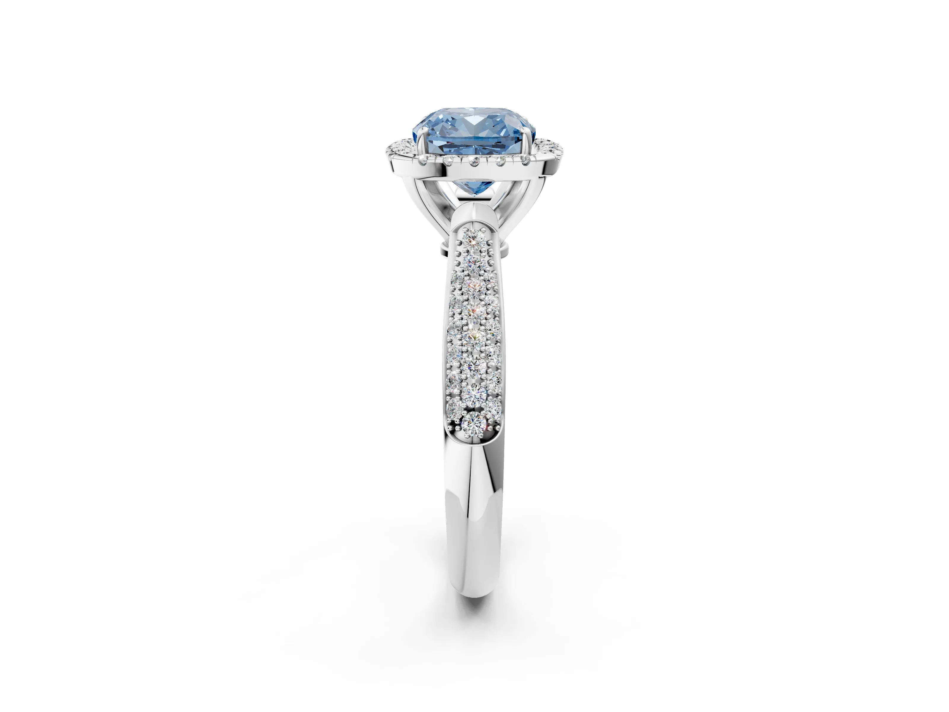 White gold Fancy Blue Cushion Cut Halo Diamond Ring with Pavé Band_38