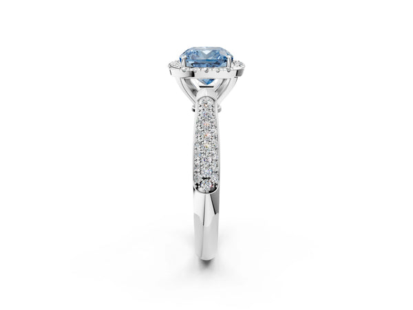 White gold Fancy Blue Cushion Cut Halo Diamond Ring with Pavé Band