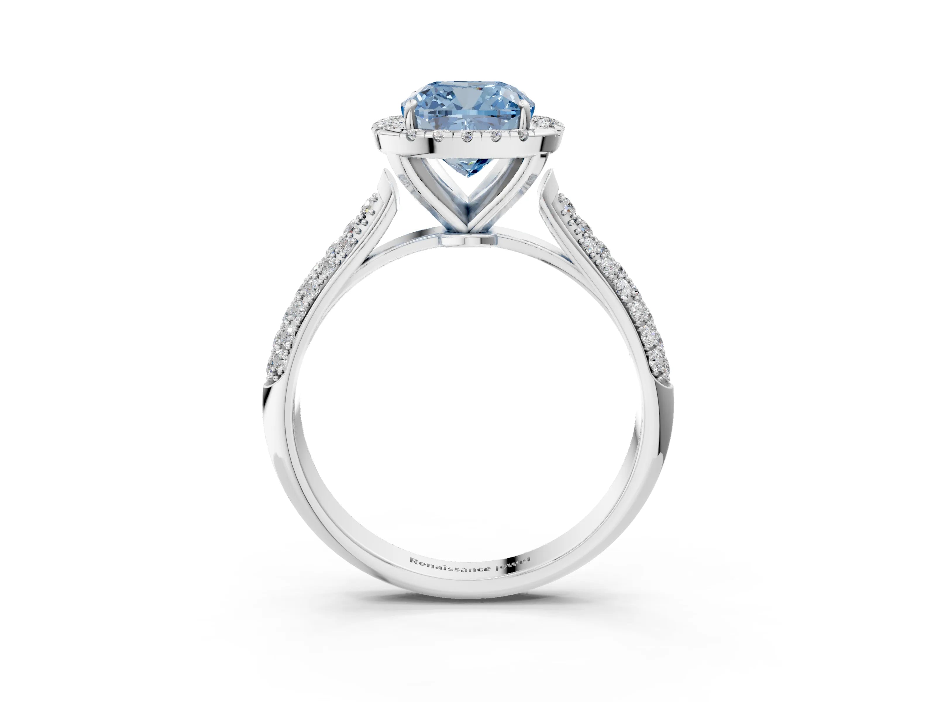 White gold Fancy Blue Cushion Cut Halo Diamond Ring with Pavé Band_39