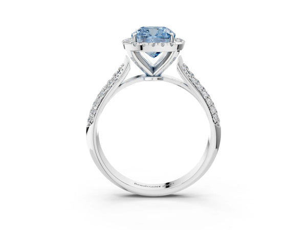 White gold Fancy Blue Cushion Cut Halo Diamond Ring with Pavé Band