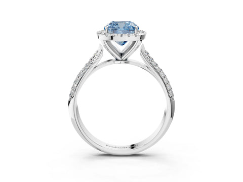 White gold Fancy Blue Cushion Cut Halo Diamond Ring with Pavé Band_3