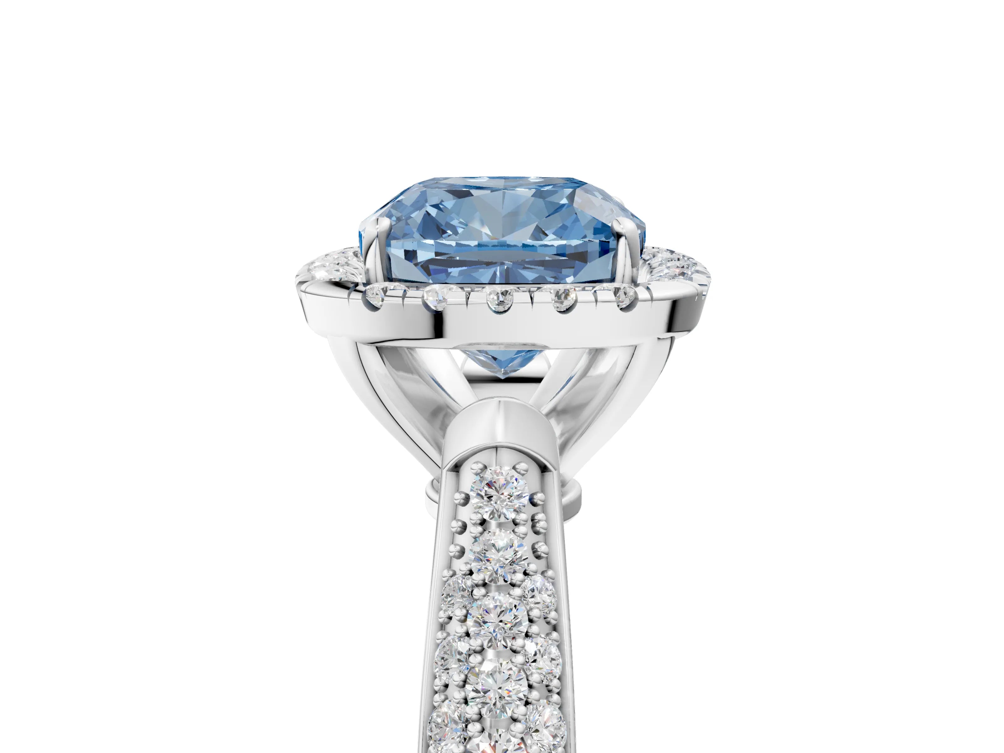 White gold Fancy Blue Cushion Cut Halo Diamond Ring with Pavé Band_5