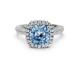 White gold Fancy Blue Cushion Cut Halo Diamond Ring with Pavé Band