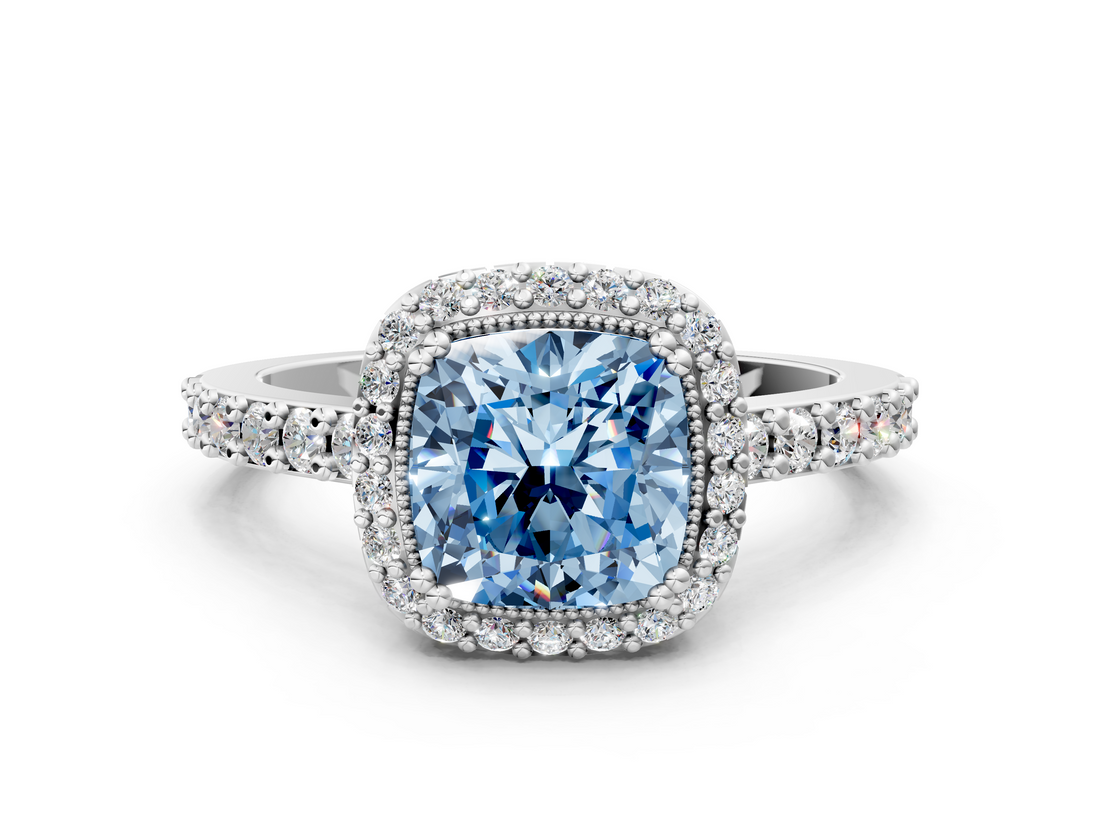 White gold Fancy Blue Cushion  Cut Halo Diamond Ring with Pave Band and Four-Prong Setting_24