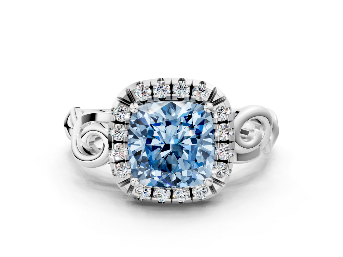 White gold Fancy Blue Cushion  Cut Halo Diamond Ring with Scrollwork Band and Four-Prong Setting_72