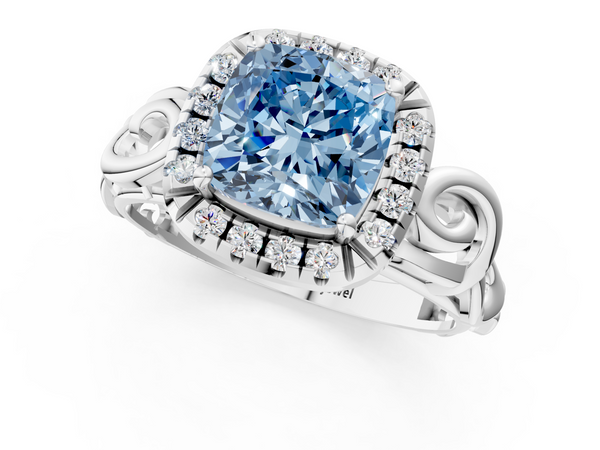 White gold Fancy Blue Cushion  Cut Halo Diamond Ring with Scrollwork Band and Four-Prong Setting